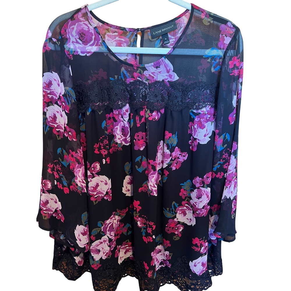 Lane Bryant Floral Sheer Blouse‎ Black Pink Purple Lace Trim Plus Size Top 18